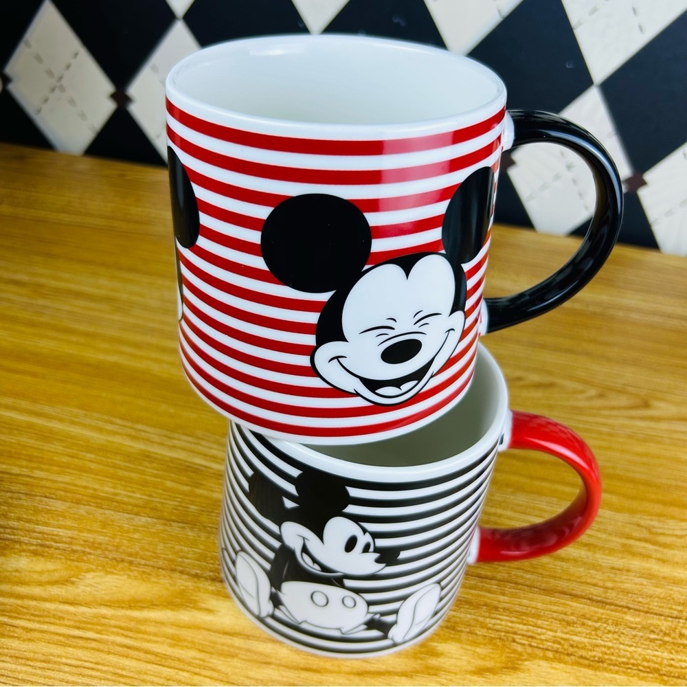 Mickey Mouse Striped Ceramic Mugs, Set of 2 Disney Graphic Black Red‎ Cups - Picture 2 of 8